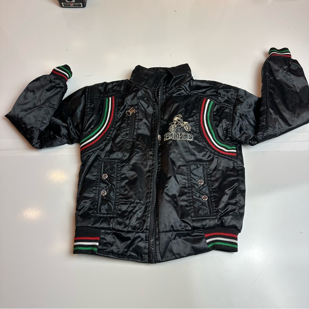 Y2K Moto Puffer Jacket | Kids Racing Stripe Embroidered Black Nylon Coat 3T-4T - Picture 2 of 11